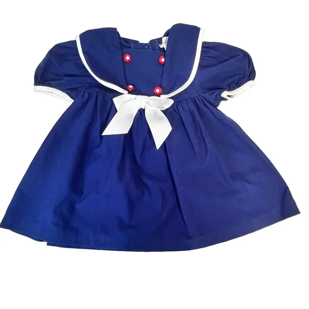 Vintage Girl's Dress Pretty As A Picture size 3T Navy Blue White Sailor Nautical